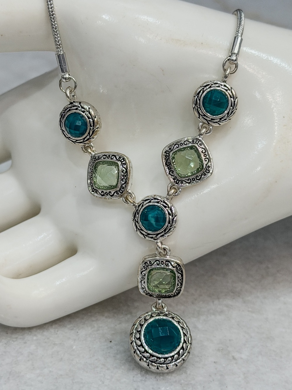 NAPIER Green and Teal Jeweled Silver Lariat Necklace